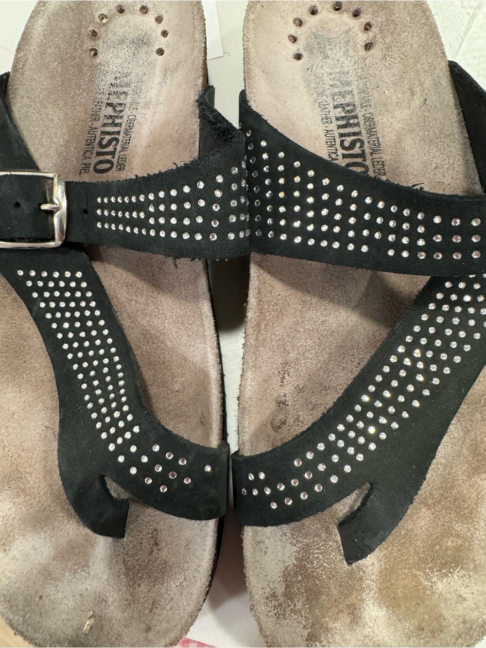 MEPHISTO “Helena Spark” black nubuck slide sandals, rhinestones on straps, 8 - Picture 12 of 16